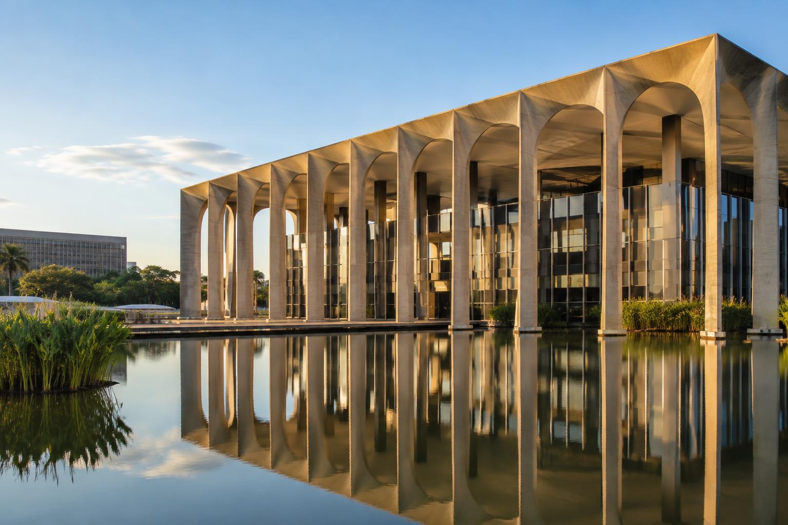 Vista exterior realista del Palacio de Itamaraty en Brasilia, con sus arcos y el estanque reflectante, durante una tarde de luz natural y sin personas reconocibles.