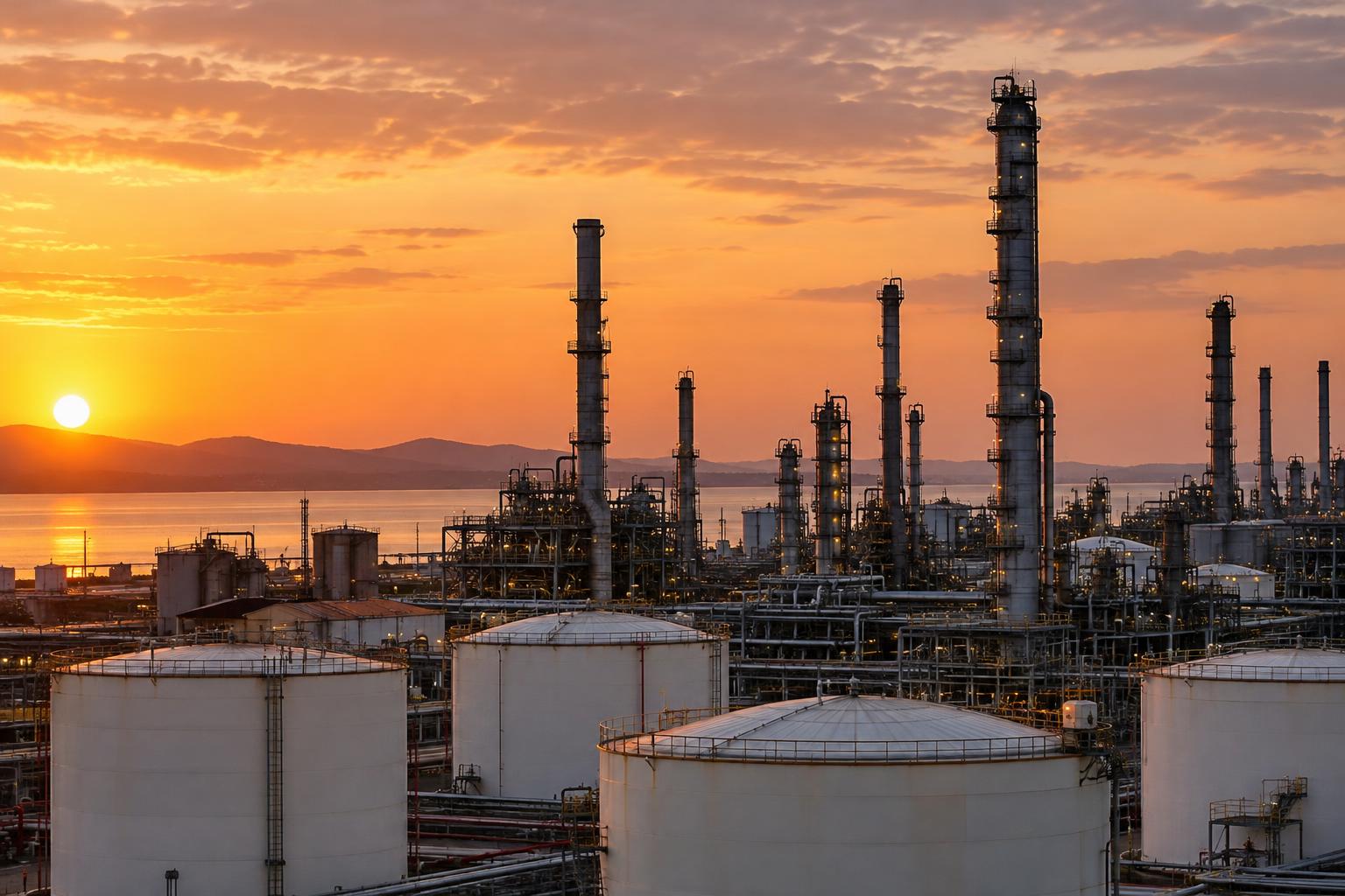 Vista exterior realista de una refinería con depósitos de almacenamiento, tuberías y torres industriales al atardecer, sin personas reconocibles.