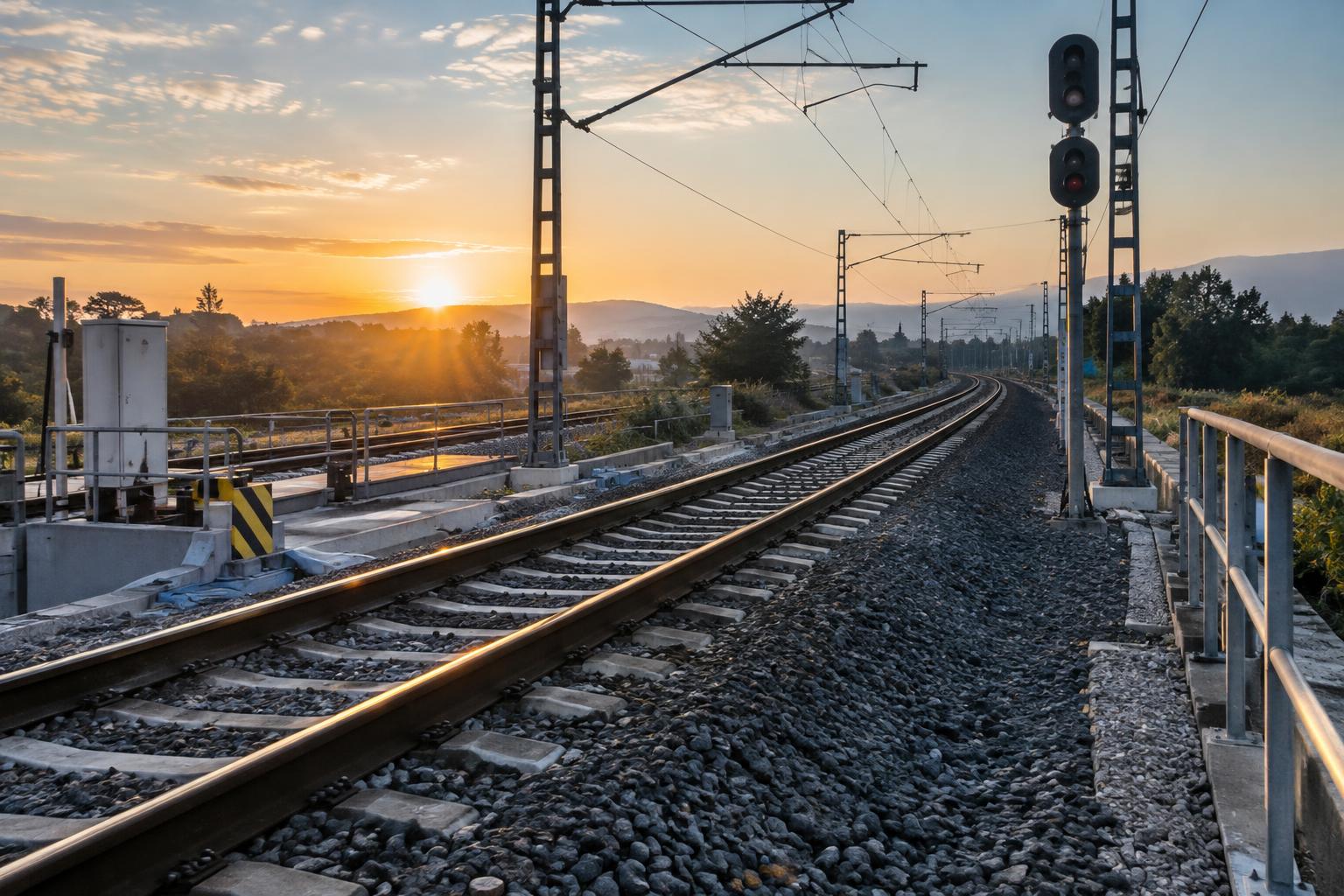 Plano realista de una vía ferroviaria con traviesas, balasto y elementos de señalización, vista desde una zona de mantenimiento al amanecer, sin trenes accidentados ni personas reconocibles.