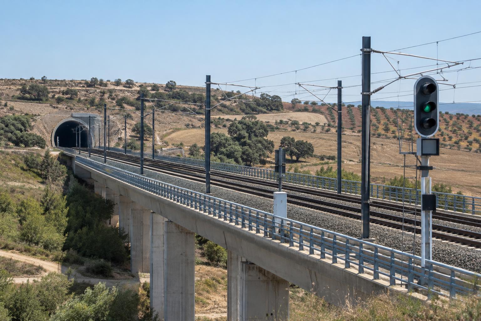 Vías ferroviarias de alta velocidad en un entorno rural toledano, con una señal de entrada y equipos de señalización junto al trazado, luz diurna y sin personas ni restos de accidente.