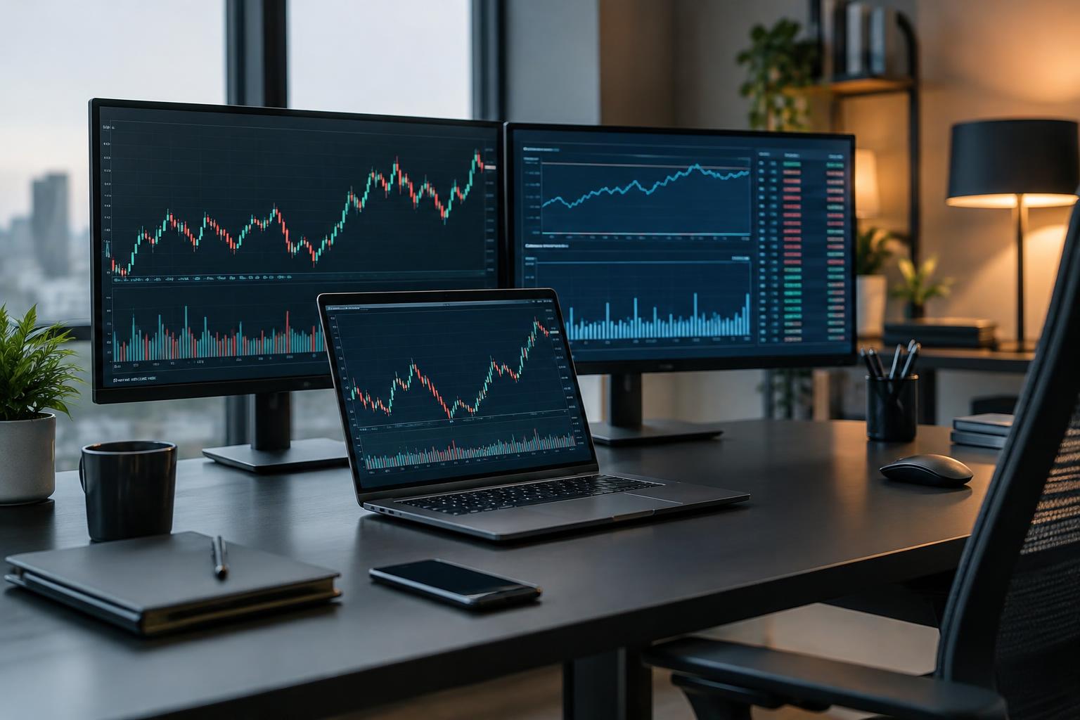 Interior de un espacio de trabajo tecnológico sin personas, con un ordenador portátil y varias pantallas que muestran gráficos financieros y registros de transacciones digitales, con iluminación sobria y aspecto realista.