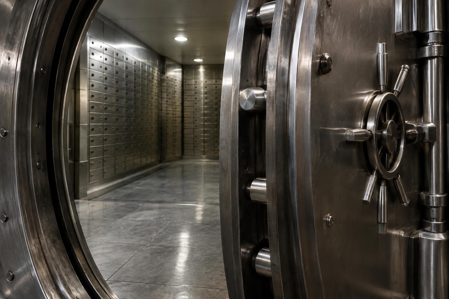 Fotografía editorial realista del interior de una cámara acorazada bancaria vacía. Una pesada puerta circular de acero entreabierta ocupa el primer plano derecho; al fondo, hileras de cajas de seguridad se pierden en una iluminación fría y tenue. Encuadre oblicuo a la altura de la cerradura, con especial detalle en los mecanismos metálicos y las sombras. Sin personas, texto legible, numeración visible ni logotipos.