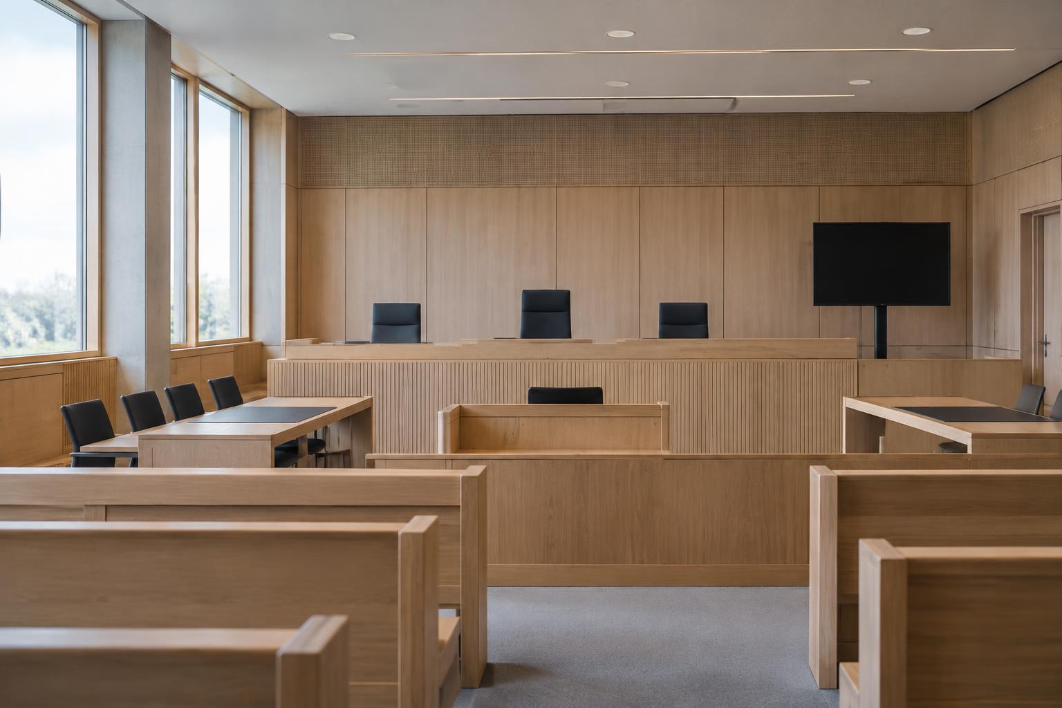 Interior realista de una sala judicial nórdica vacía, con bancos de madera clara, una mesa para los abogados y una pantalla apagada destinada a reproducir pruebas audiovisuales, sin personas ni emblemas identificables.