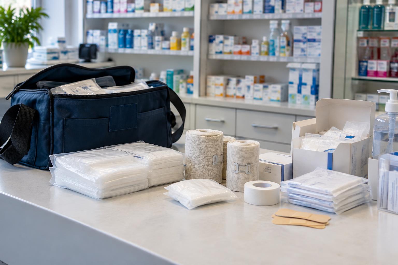 Interior de una farmacia de un pueblo español, con cajas de gasas, vendas y apósitos preparadas sobre el mostrador junto a una bolsa de transporte, sin personas ni marcas visibles.