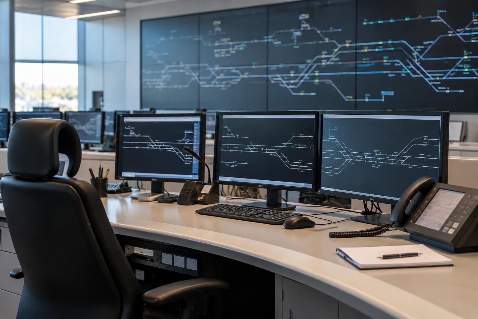 Interior de una sala de control ferroviario sin personas, con monitores de esquemas de vías y equipos de comunicaciones sobre una mesa, sin textos legibles ni logotipos.