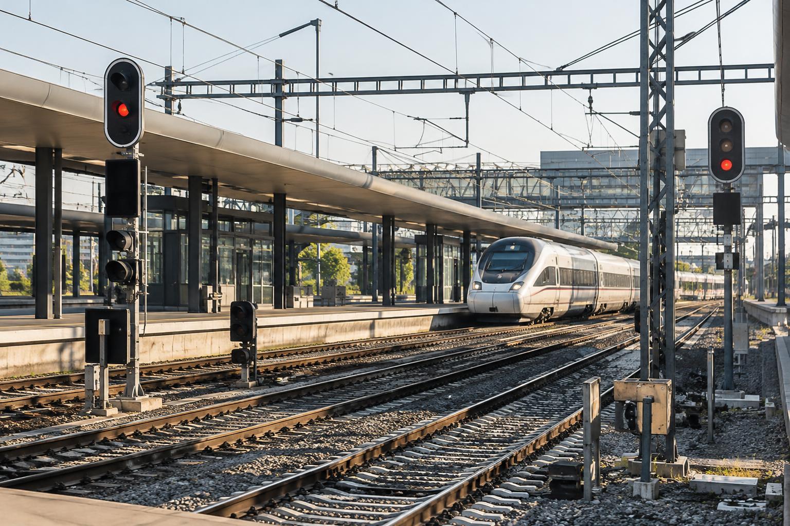 Vías de alta velocidad y señales ferroviarias junto a una estación española, con un tren detenido al fondo, luz natural y sin personas reconocibles ni víctimas.