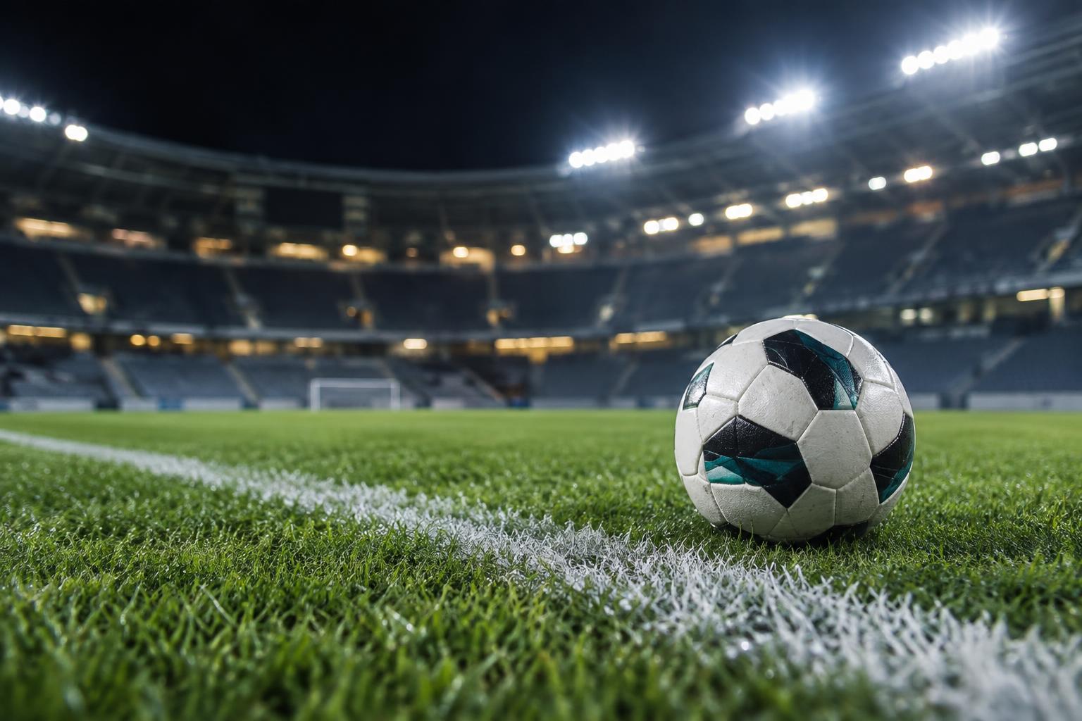 Un balón sobre el césped junto a la línea lateral de un estadio de fútbol vacío, con las gradas desenfocadas y luz de los focos nocturnos.