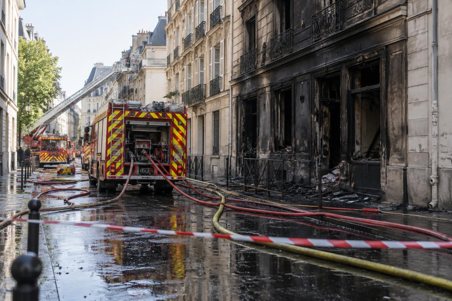 Calle del centro de una ciudad francesa acordonada ante un edificio con la fachada ennegrecida por un incendio, vehículos de bomberos y mangueras sobre el pavimento húmedo, sin víctimas visibles ni personas reconocibles.