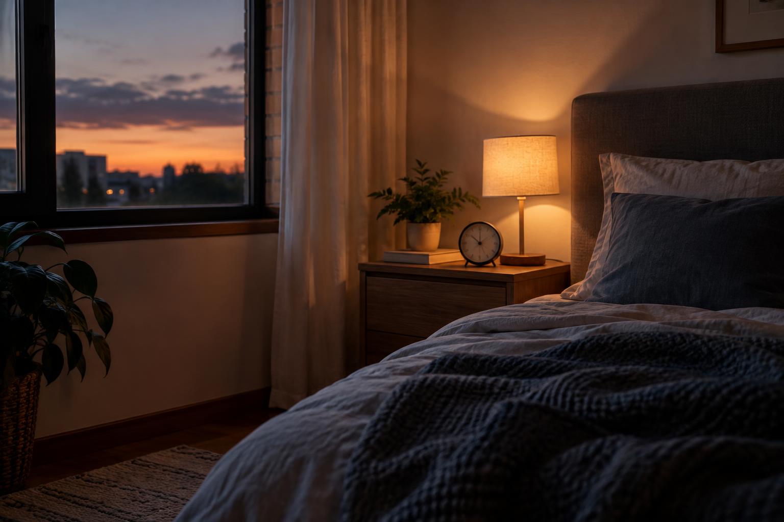 Dormitorio cotidiano al anochecer, con luz tenue, un reloj sobre la mesilla y una ventana por la que se aprecia la última claridad del día, sin personas.