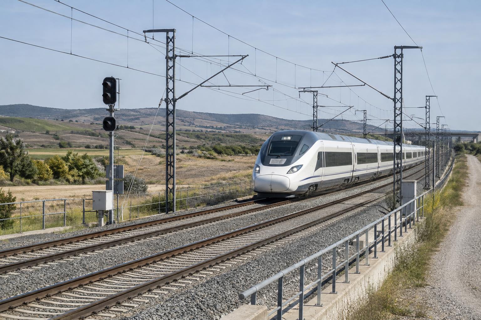 Vista realista de una línea ferroviaria de alta velocidad en un paisaje de la meseta española, con vías, catenarias y equipos de señalización junto a un acceso de mantenimiento, sin personas ni señales de accidente.