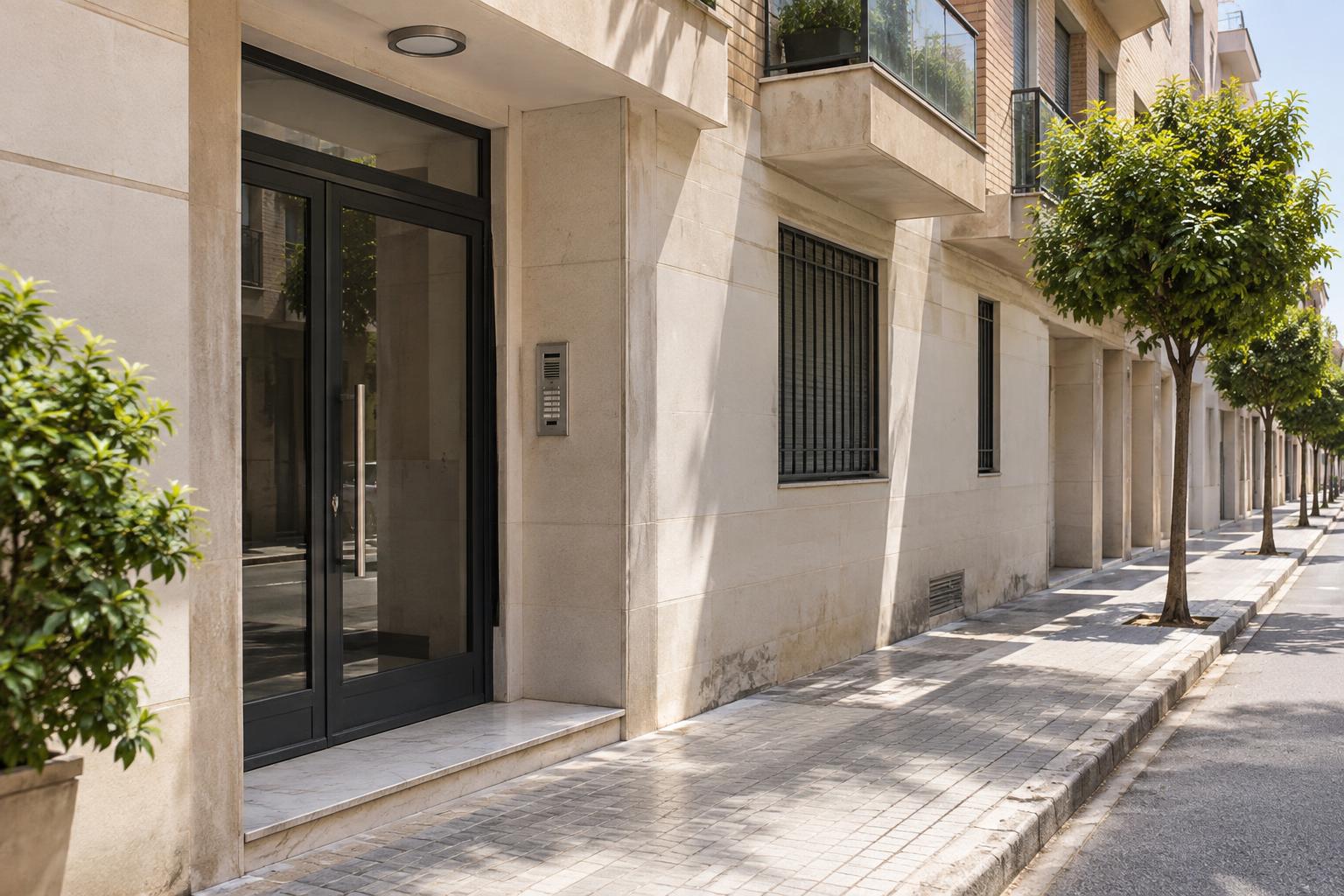 Exterior de un edificio residencial en una localidad del sureste español, con el portal cerrado y una calle tranquila a plena luz del día, sin personas ni elementos que permitan identificar una vivienda concreta.