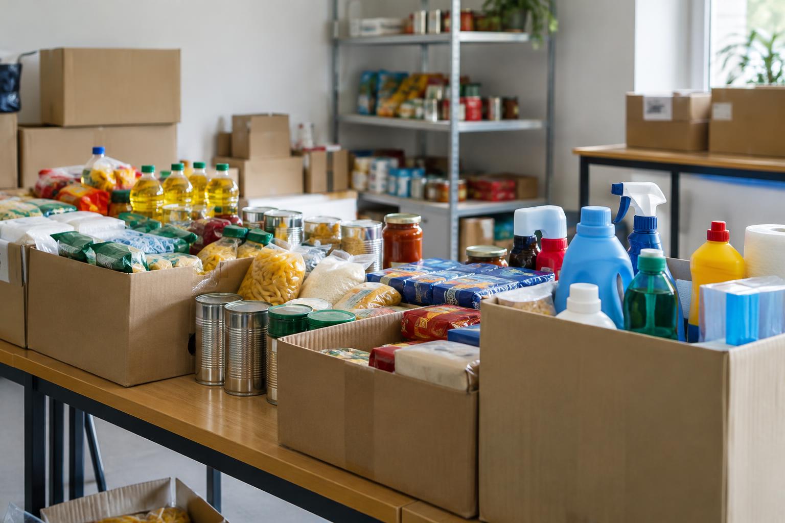 Interior de un local de recogida solidaria, con cajas de productos básicos y material de limpieza apilados sobre mesas, sin personas ni logotipos reconocibles.
