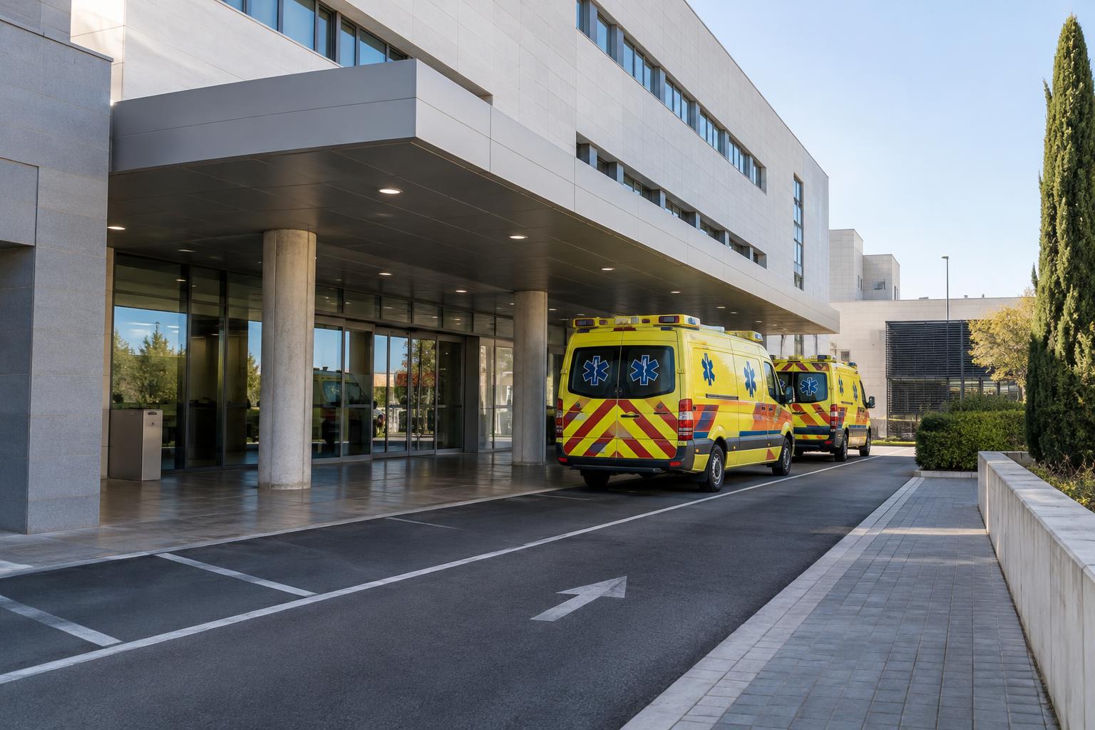 Exterior de un hospital contemporáneo en Toledo, con acceso de urgencias y ambulancias estacionadas, luz de mañana y sin personas reconocibles.