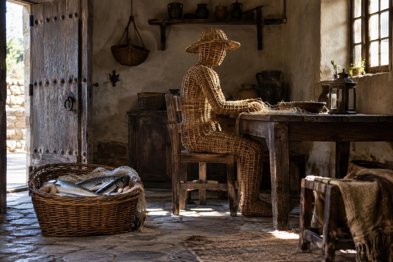 Interior rústico de estética medieval, con una cesta de pescado junto a la puerta y una figura humana tejida en mimbre sentada ante una mesa de madera, iluminada por una ventana lateral; sin personas reconocibles.