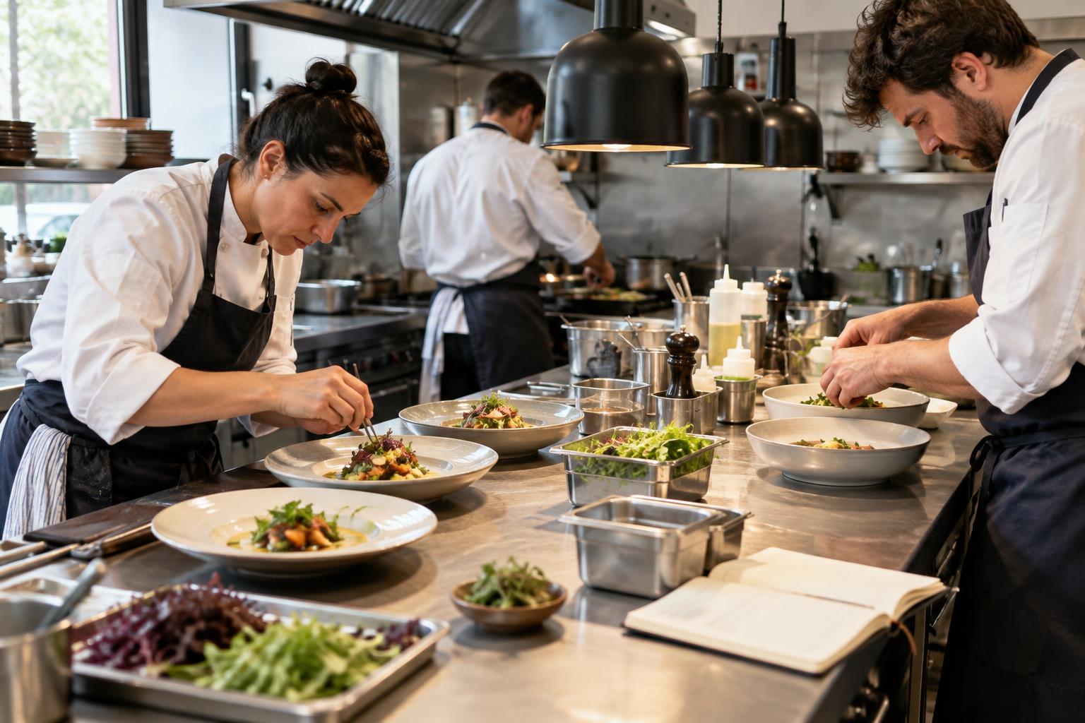 Interior de una cocina profesional durante la preparación de un servicio, con varios cocineros no reconocibles trabajando alrededor de una mesa de acero, platos en elaboración y cuadernos de notas, luz natural y ambiente concentrado.