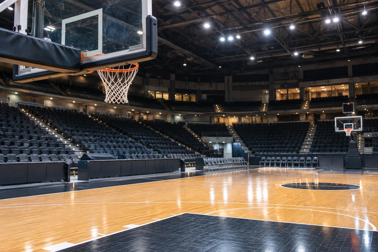 Interior de un pabellón de baloncesto profesional, con una canasta en primer plano, el parqué iluminado y las gradas al fondo, sin jugadores ni personas reconocibles.