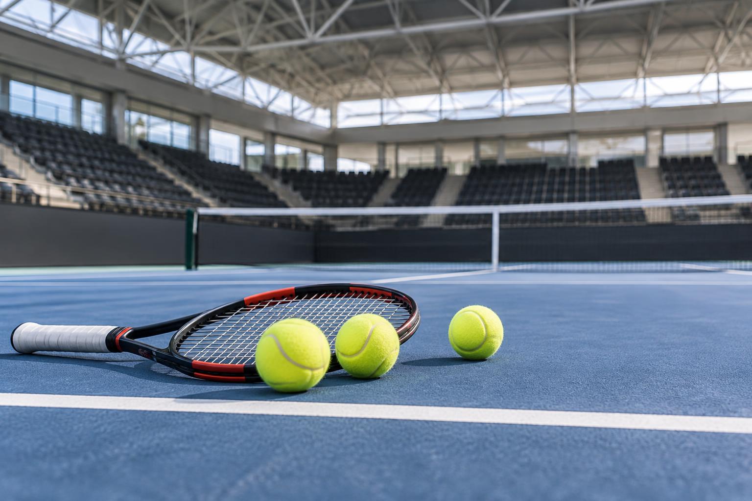 Pista de tenis cubierta vista a ras de suelo, con una raqueta y varias pelotas junto a la línea de fondo, red al centro y gradas desenfocadas, sin personas reconocibles.