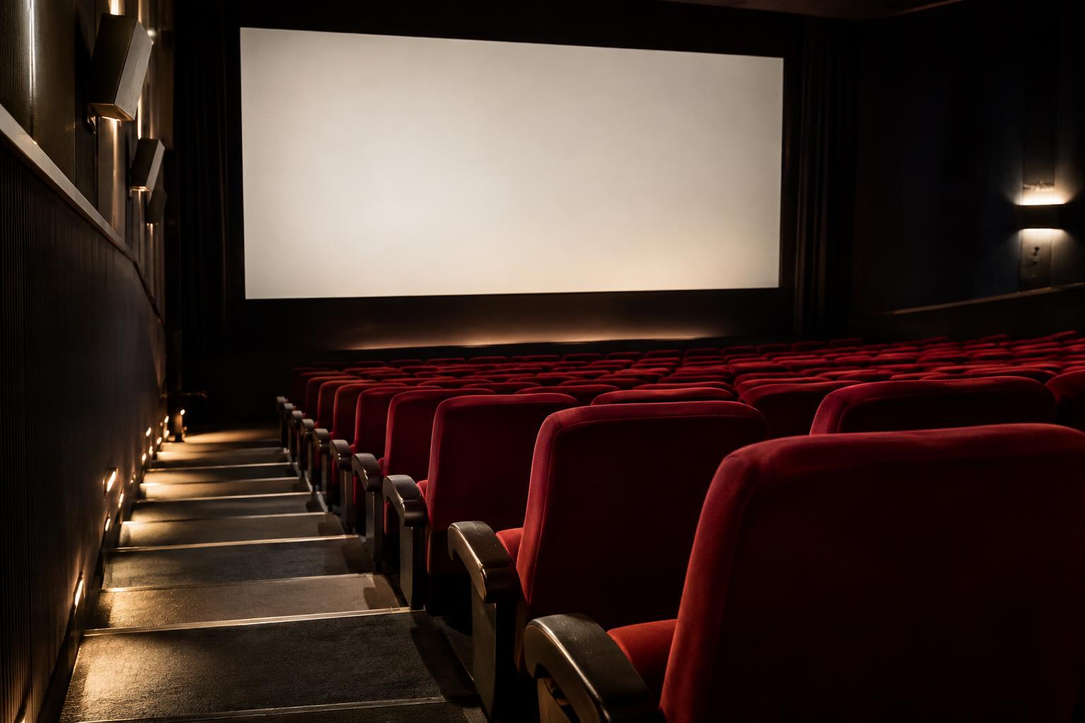Interior de una sala de cine vacía, con filas de butacas rojas y una pantalla iluminada sin imágenes ni texto, vista desde el pasillo lateral con luz tenue.