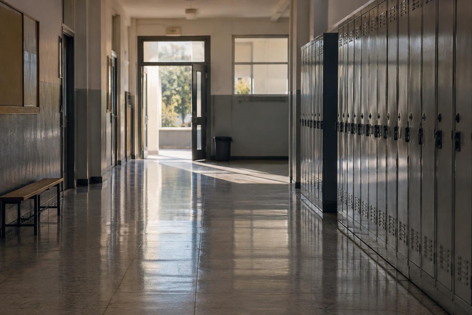Pasillo vacío de un instituto, con taquillas metálicas y una puerta abierta al fondo por la que entra luz natural; atmósfera inquietante y realista, sin personas ni elementos sobrenaturales.