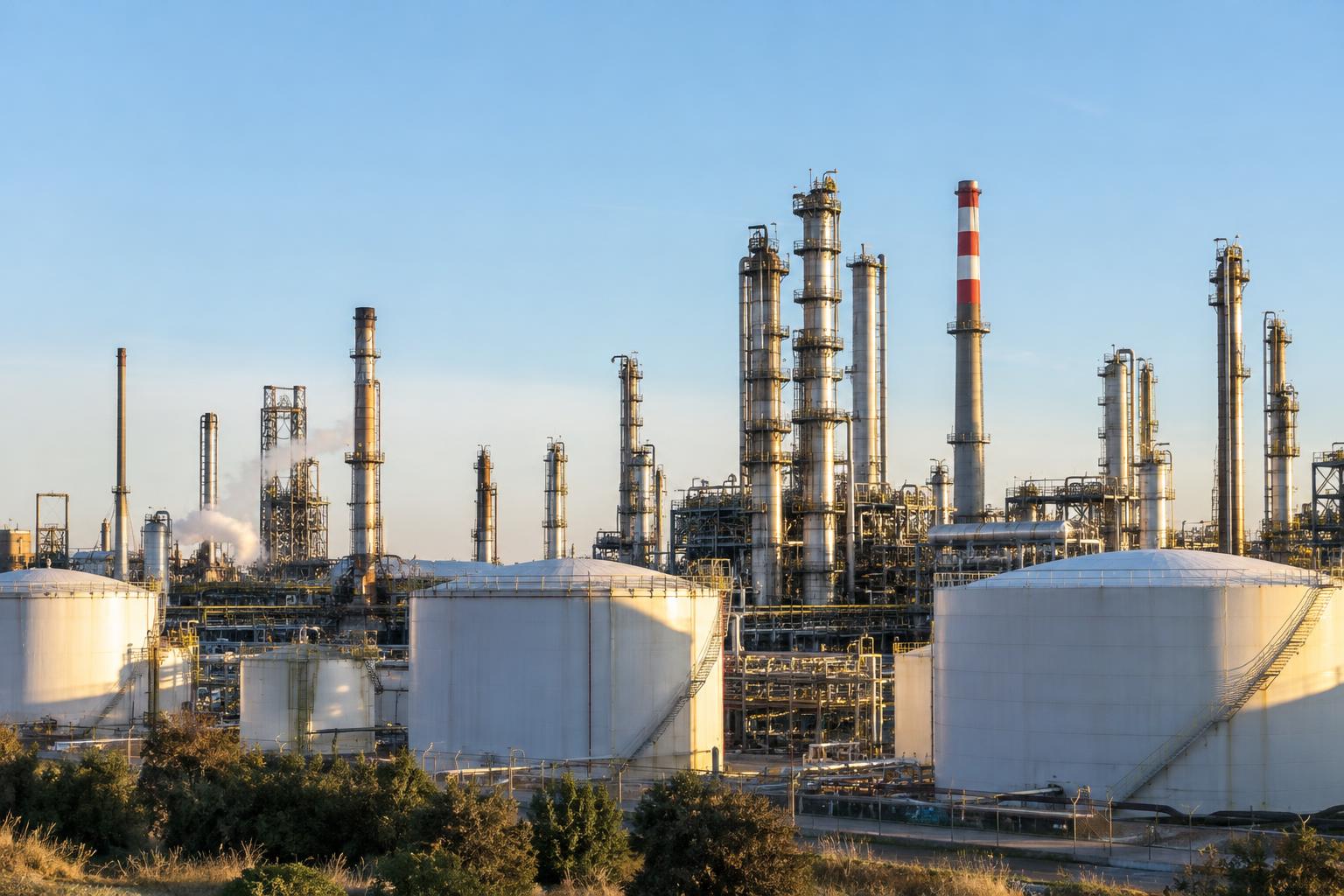 Vista realista de un complejo de refino en España, con depósitos cilíndricos, tuberías y torres industriales bajo la luz de primera hora, sin personas reconocibles.
