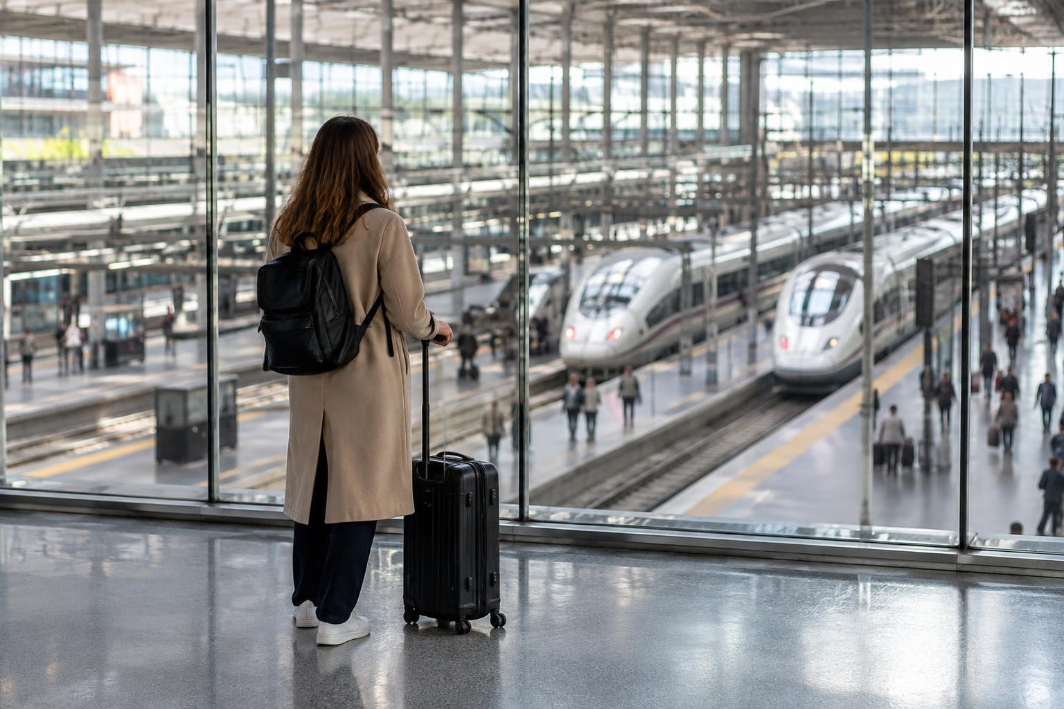 Interior realista de una estación ferroviaria de alta velocidad en Madrid, con vías y andenes vistos a través de una cristalera, paneles informativos al fondo y viajeros desenfocados sin rostros reconocibles.