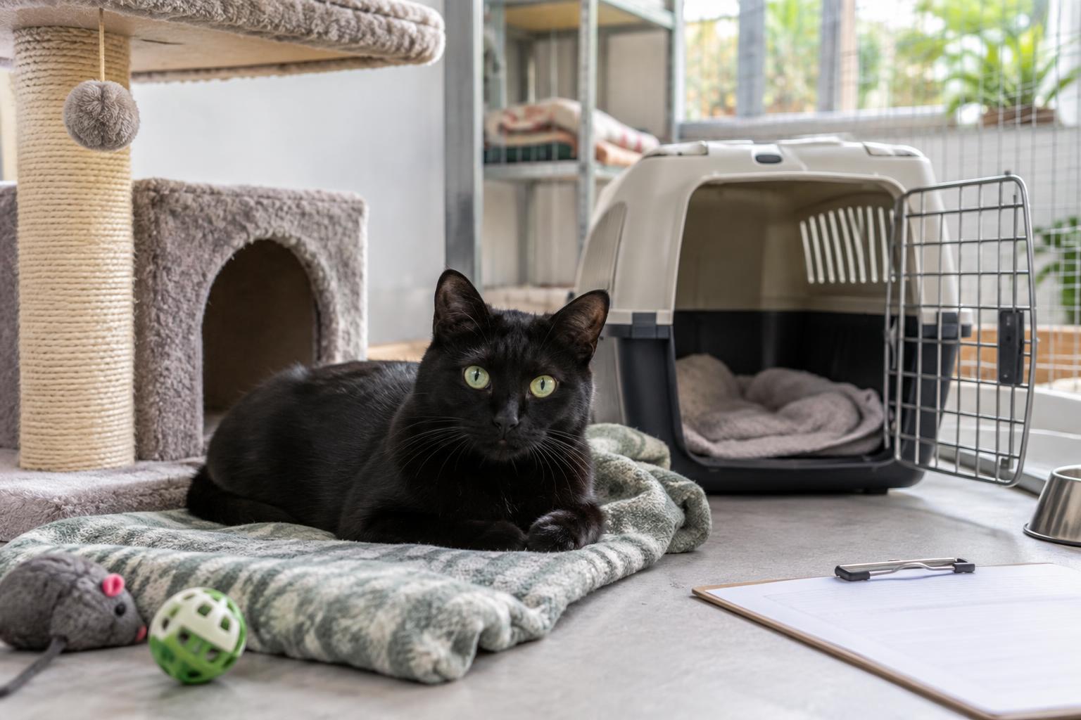 Interior de una protectora de animales, con un gato negro descansando sobre una manta junto a un rascador, un transportín abierto y una ficha de adopción sin datos legibles; luz natural y sin personas.