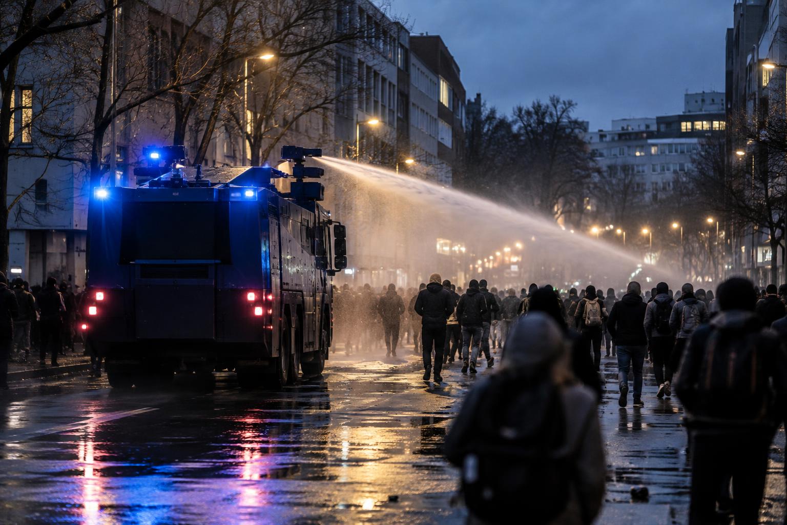 Calle urbana de Colonia al anochecer, con un vehículo policial equipado con cañón de agua, el pavimento mojado y manifestantes alejados vistos de espaldas, sin rostros reconocibles.