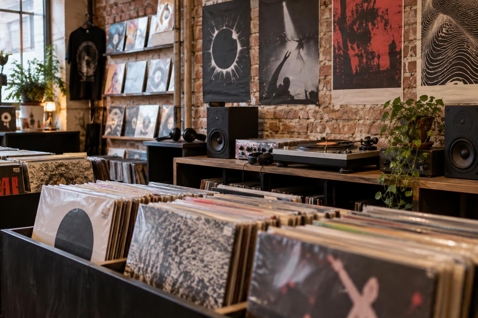Interior de una tienda británica de discos independientes, con vinilos de pospunk y música electrónica en cubetas, un tocadiscos y carteles de conciertos sobre una pared de ladrillo, sin personas reconocibles.