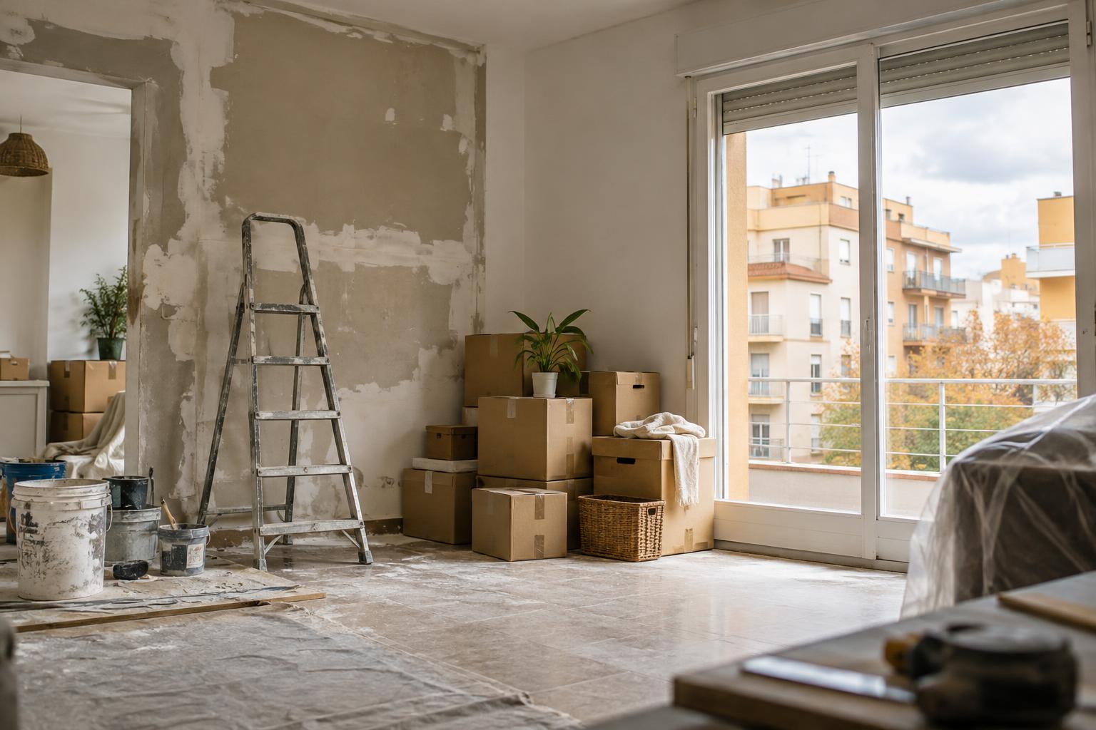 Interior de una vivienda en rehabilitación, con una pared parcialmente reparada, cajas de enseres y una ventana que da a una calle residencial valenciana bajo un cielo cubierto, sin personas.