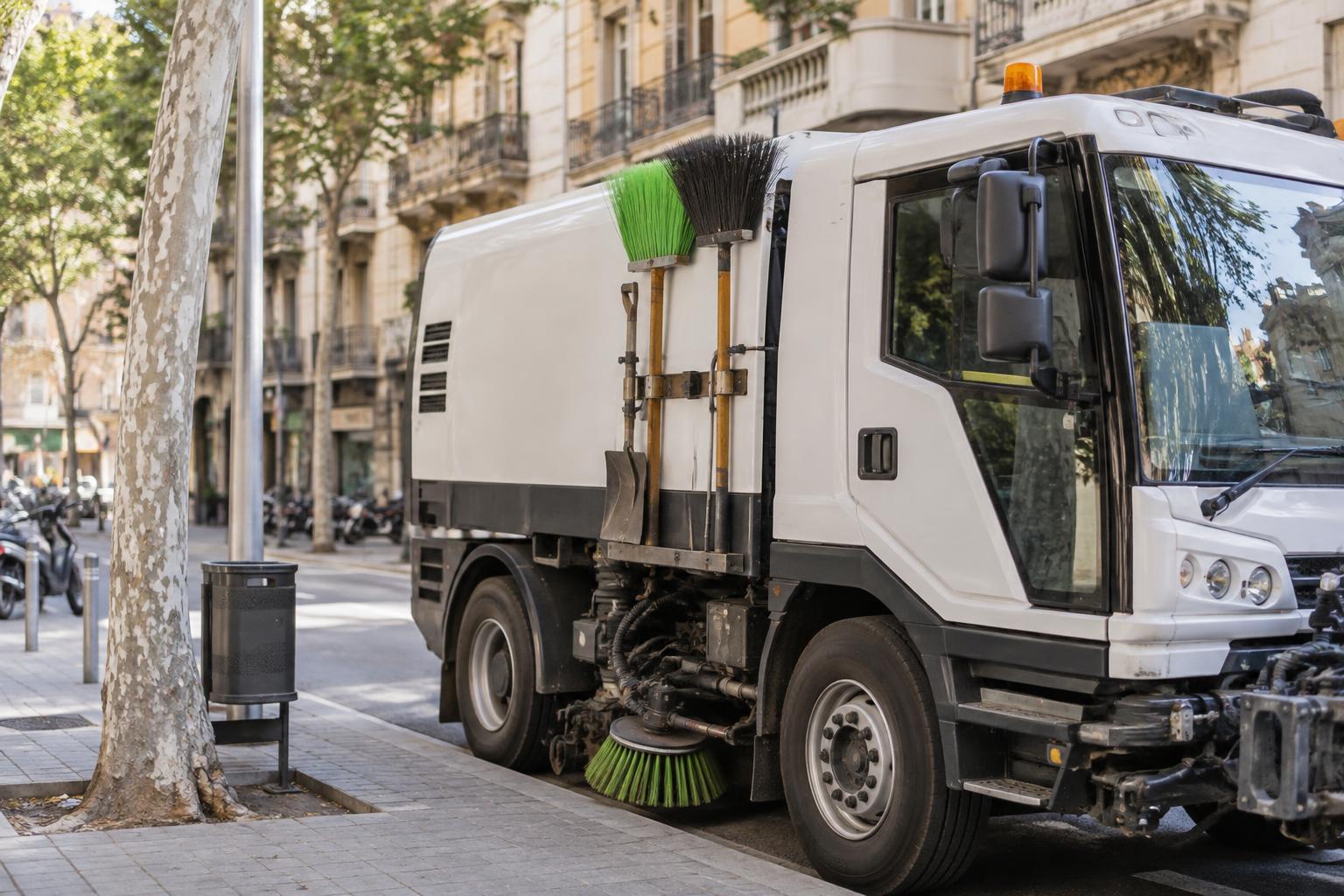 Camión de limpieza viaria estacionado junto a una acera de Barcelona, con escobas y material de limpieza en un soporte lateral, edificios residenciales al fondo, sin personas identificables ni logotipos destacados.