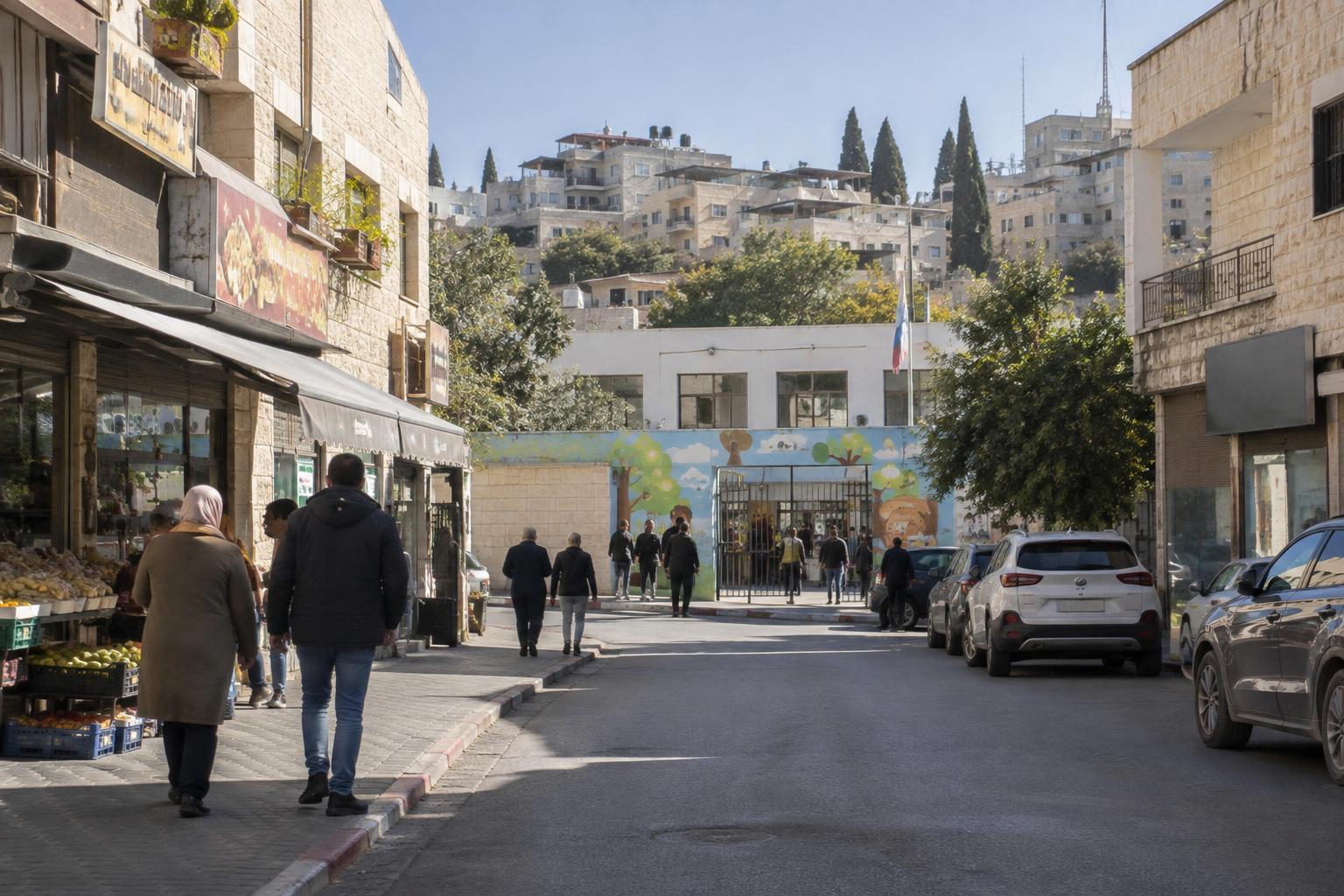 Calle urbana de Um El Fajem, con comercios de rótulos en árabe y hebreo, edificios residenciales y una escuela utilizada como colegio electoral; vecinos de espaldas o a distancia, sin personas reconocibles, en una escena documental con luz diurna.
