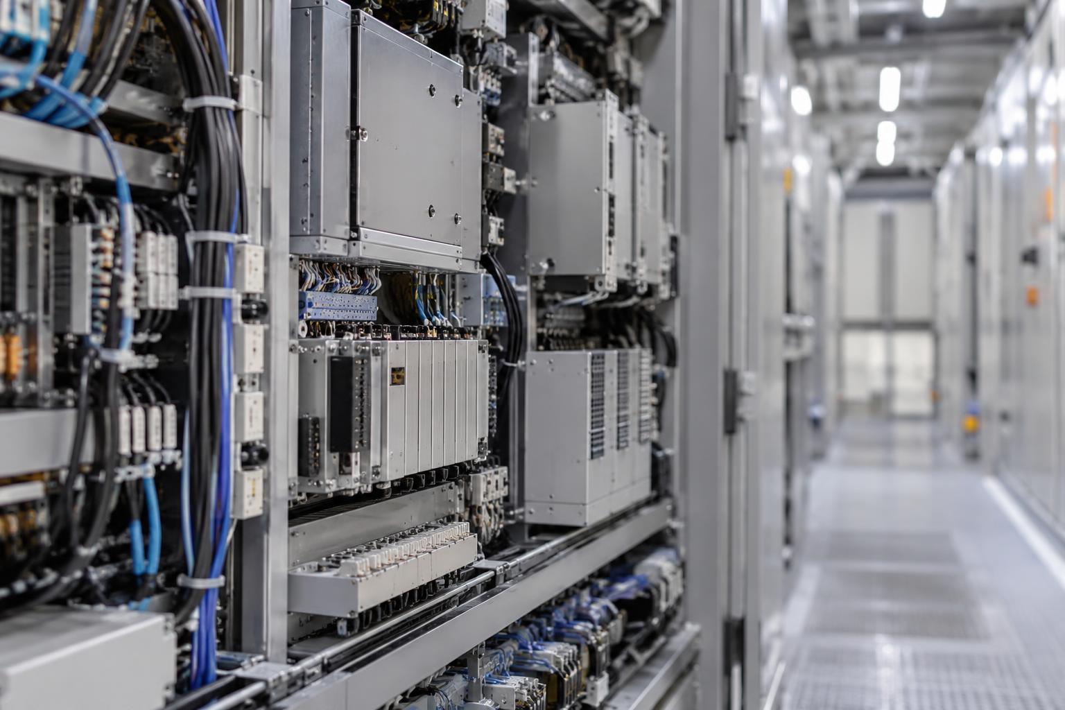 Fotografía editorial realista de un bastidor de electrónica ferroviaria en una sala técnica vacía. Primer plano lateral de los módulos metálicos, relés y haces de cables ordenados, con profundidad de campo corta; al fondo se insinúa desenfocado un pasillo entre equipos. Luz blanca de mantenimiento, tonos grises y azules sobrios, detalle preciso de conectores y superficies. Sin personas, texto legible, números, emblemas ni logotipos.