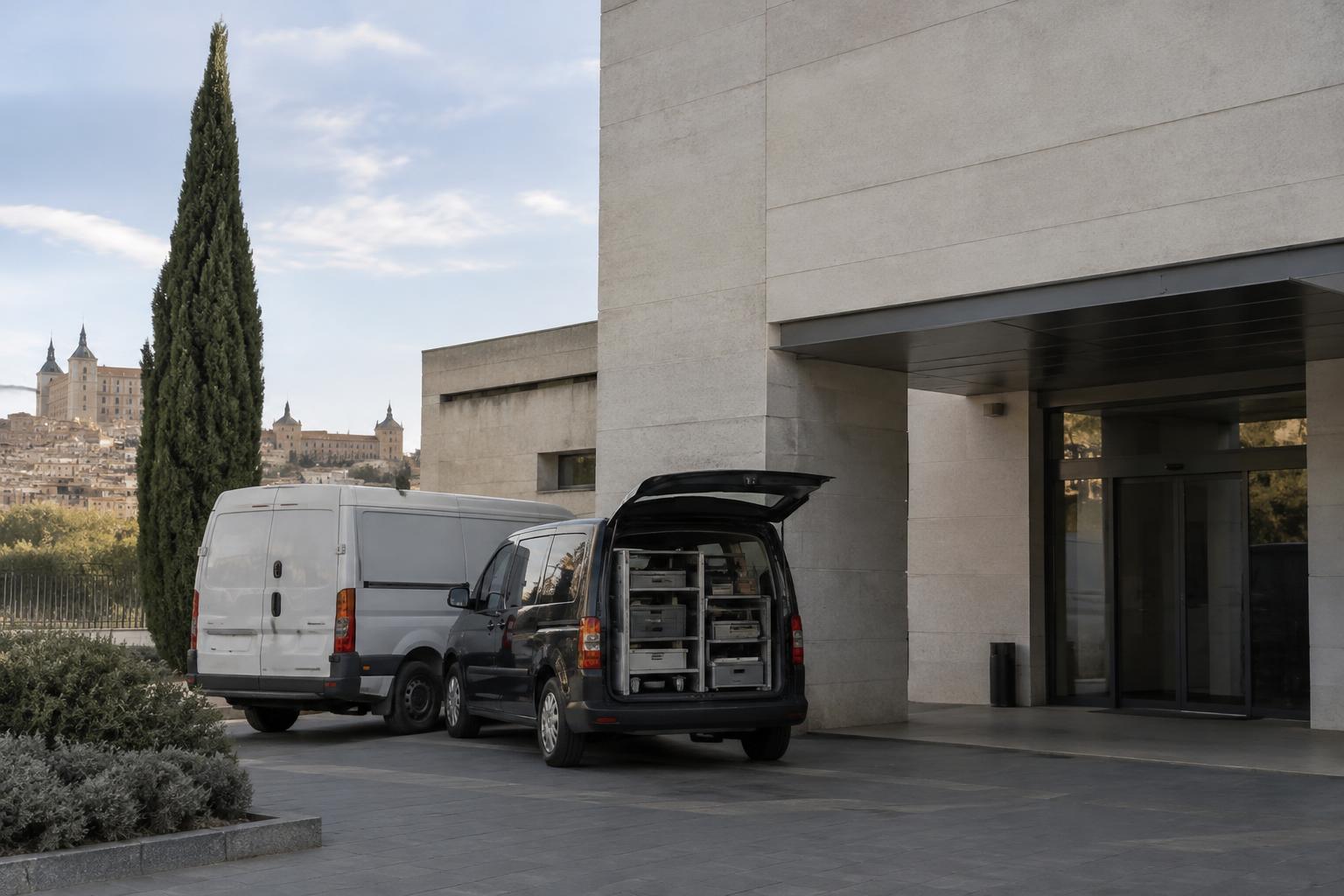 Exterior de un edificio institucional de medicina legal en Toledo, con vehículos de apoyo logístico estacionados junto al acceso y un entorno sobrio, sin personas reconocibles ni cuerpos visibles.