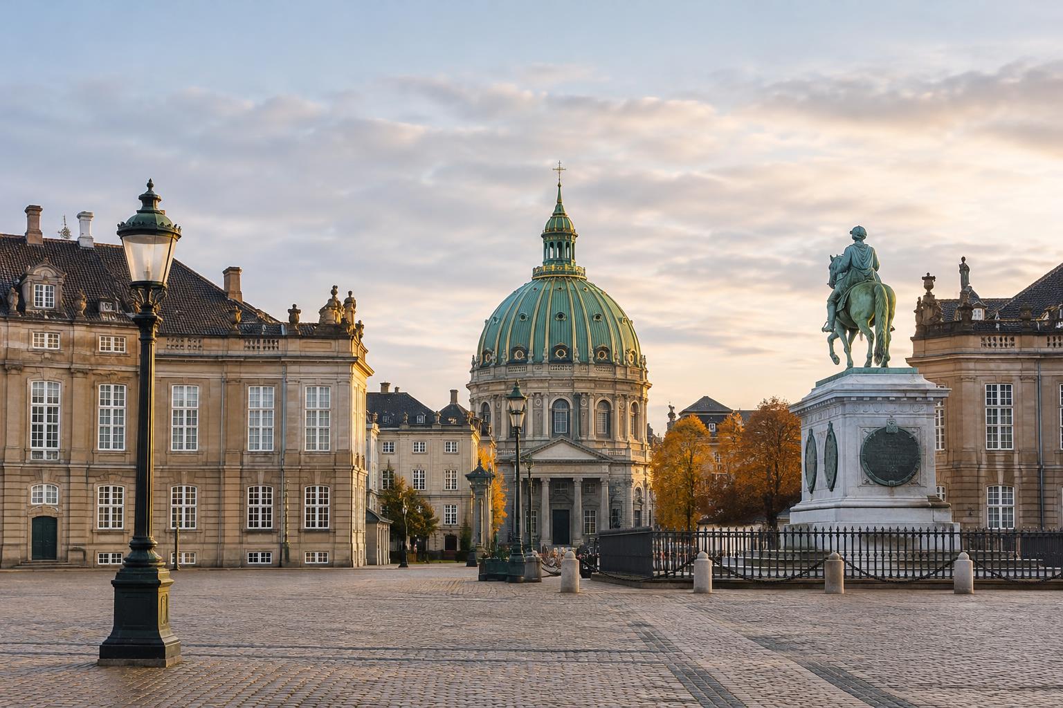 Exterior del palacio de Amalienborg en Copenhague en una tarde otoñal, con la plaza adoquinada y las fachadas palaciegas, sin personas reconocibles.