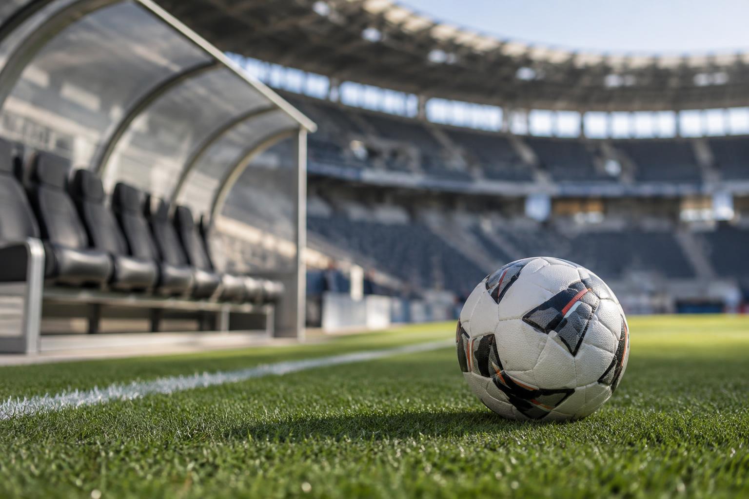 Primer plano de un balón de fútbol sobre el césped junto a un banquillo vacío, con las gradas de un gran estadio desenfocadas al fondo, iluminación natural y sin personas reconocibles.