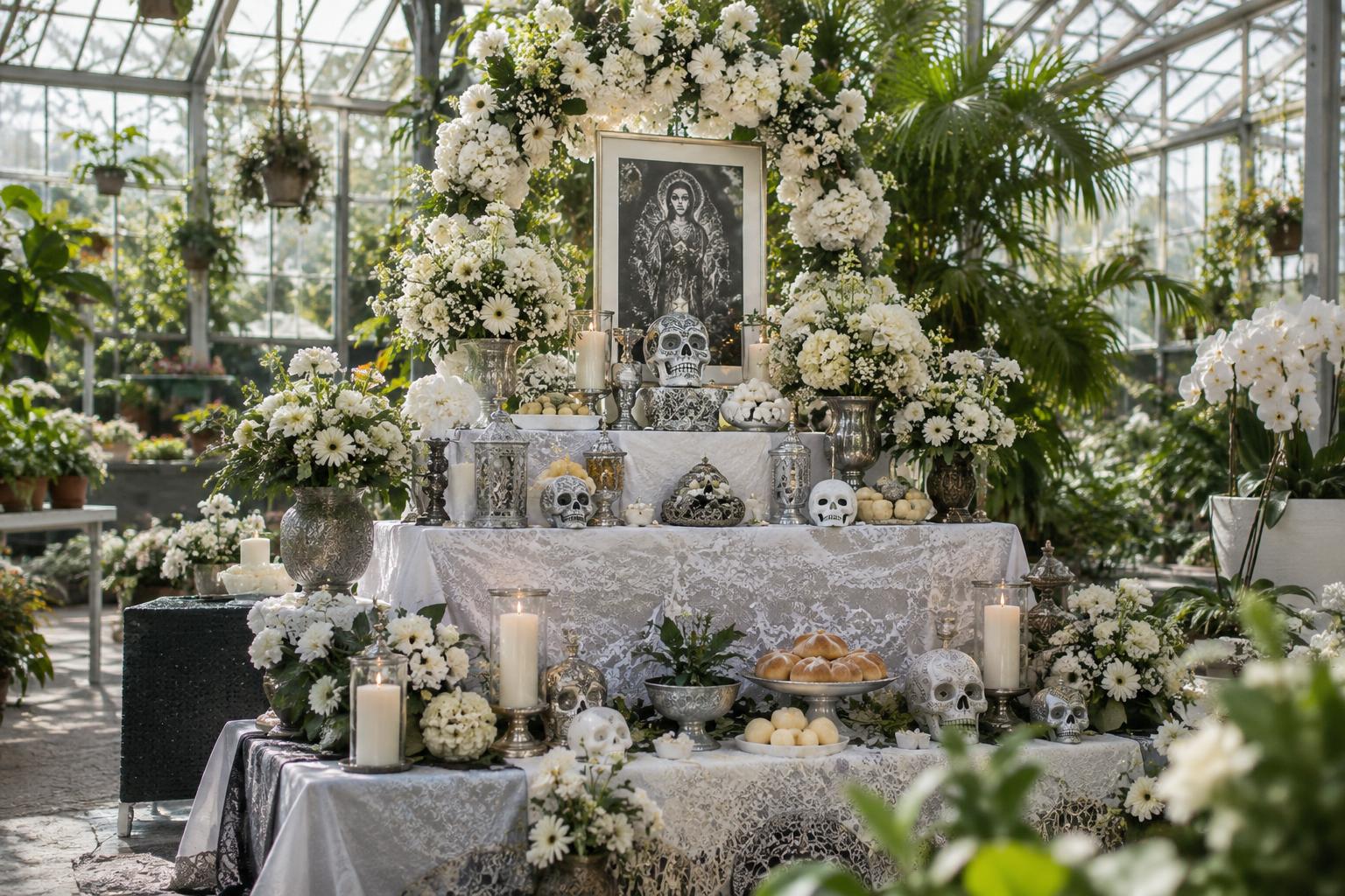Altar de muertos mexicano en el interior de un invernadero madrileño, con composiciones florales y adornos blancos y plateados, luz natural atravesando los cristales, sin personas ni carteles legibles.