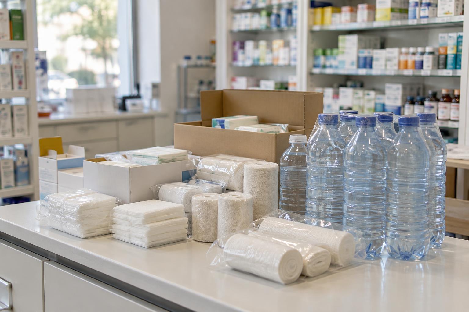 Interior de una farmacia de un municipio español, con cajas de gasas, vendas y botellas de agua reunidas sobre un mostrador para su traslado, sin personas reconocibles ni marcas visibles.