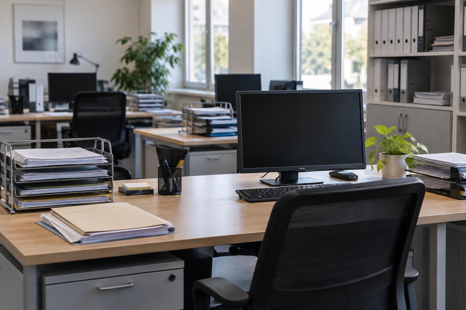 Interior de una oficina administrativa española con varias mesas de trabajo vacías, ordenadores apagados, archivadores y bandejas con expedientes, iluminada por luz natural, sin personas ni logotipos.