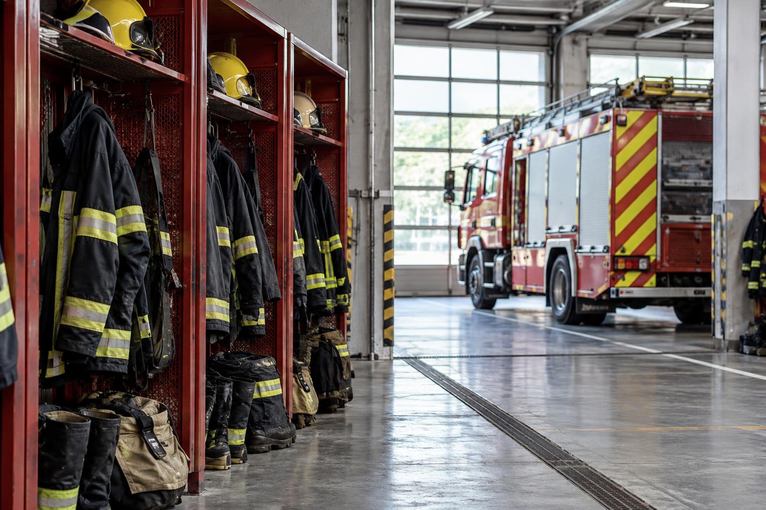 Interior de un parque de bomberos español, con equipos de protección ordenados junto a las taquillas y un vehículo de emergencias al fondo, sin personas reconocibles.