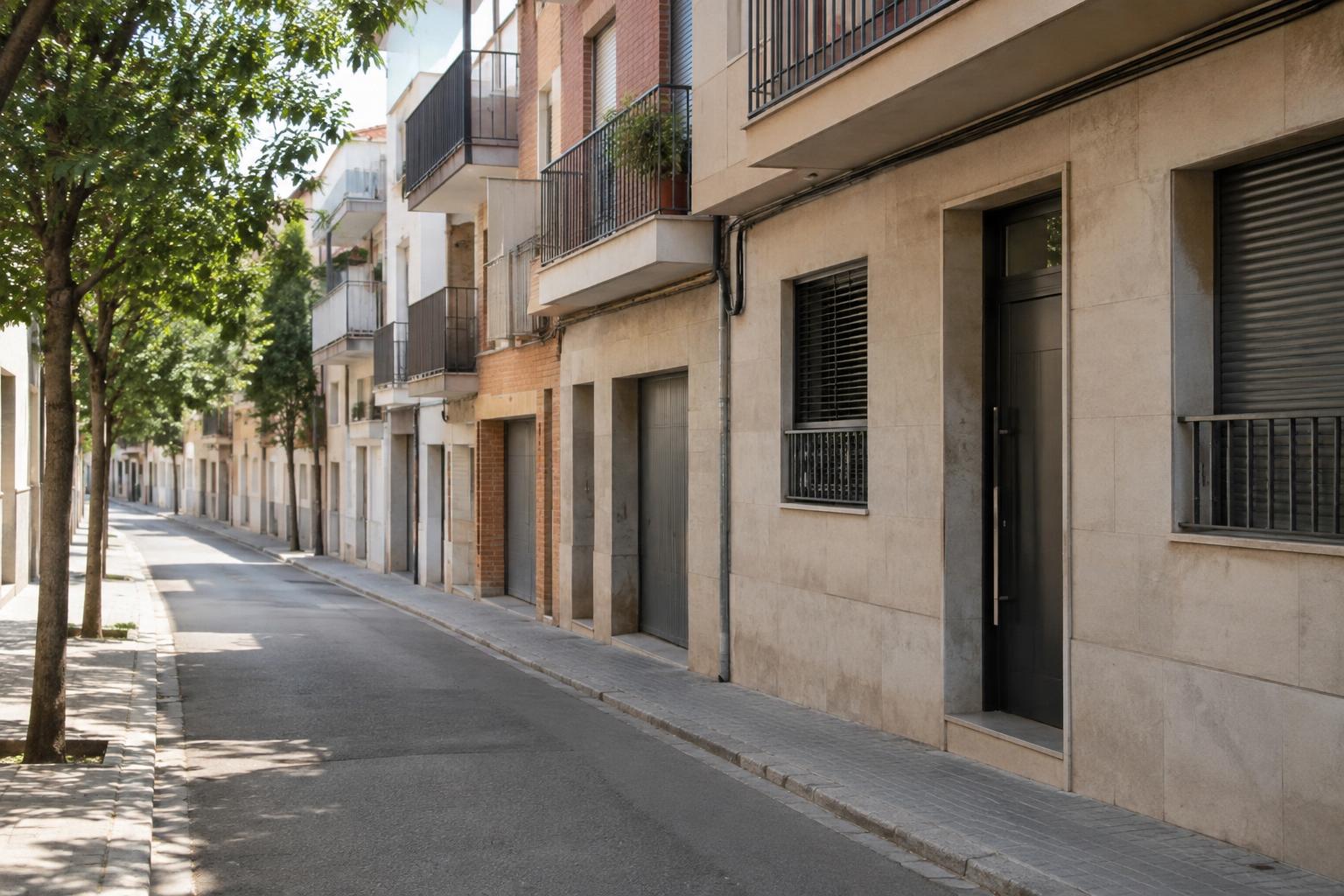 Calle residencial de la provincia de Barcelona, con fachadas de viviendas y aceras vacías, en una escena diurna sobria, sin personas reconocibles ni elementos que identifiquen el domicilio de la víctima.