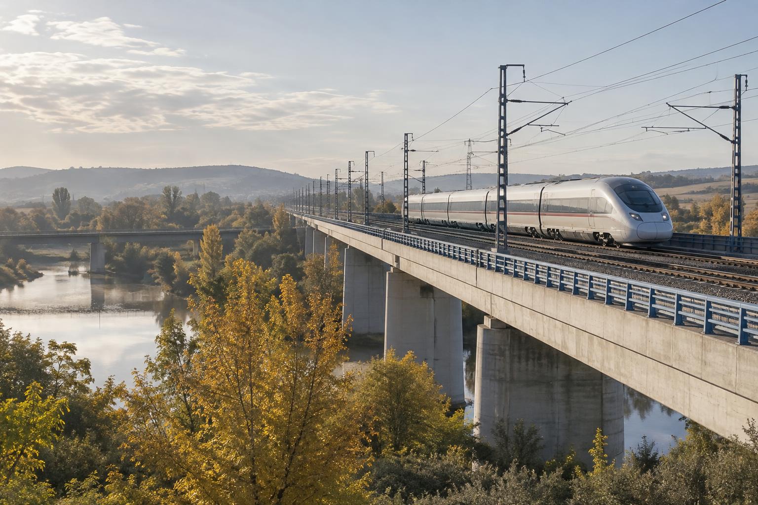 Vista exterior de una estación ferroviaria española con vías de alta velocidad y paneles informativos al fondo, viajeros de espaldas con equipaje y sin rostros reconocibles, luz de mañana otoñal.