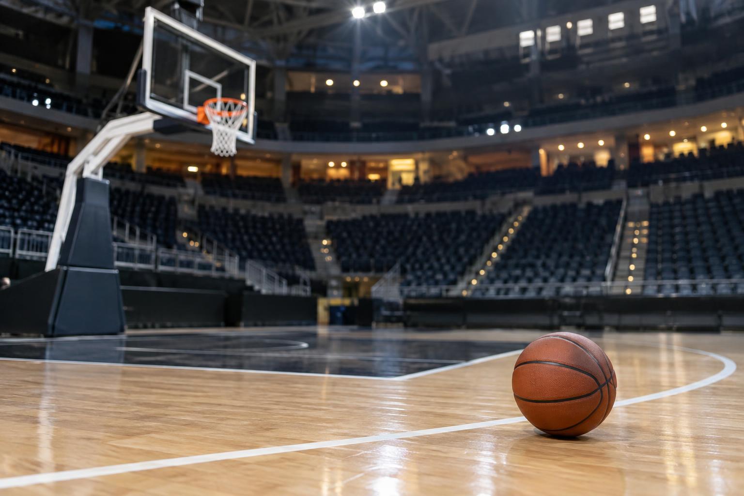 Interior de un pabellón de baloncesto profesional, con una canasta en primer plano, el parqué iluminado y un balón junto a la línea de triple; gradas desenfocadas, sin personas reconocibles.