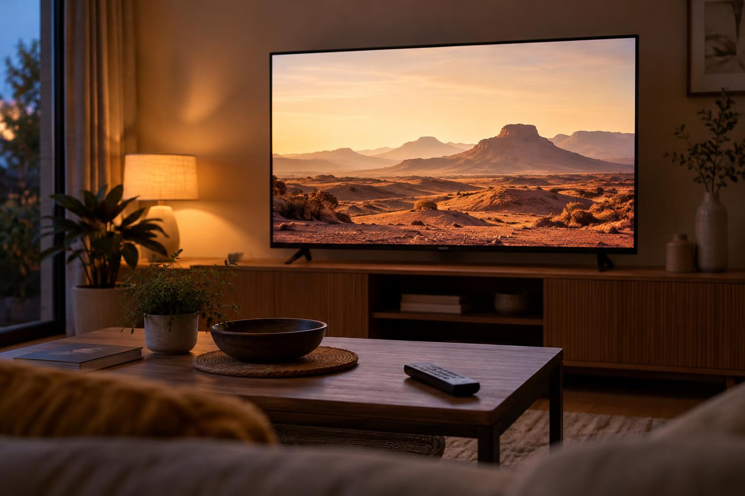 Interior de una sala de estar al anochecer, con un televisor que muestra un paisaje desértico de tonos ocres, un mando sobre una mesa baja y luz cálida lateral, sin personas ni logotipos.