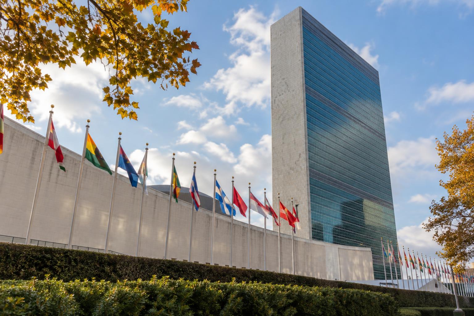 Exterior de la sede de Naciones Unidas en Nueva York, con las banderas de los Estados miembros frente al edificio de cristal en una tarde otoñal, sin personas reconocibles.