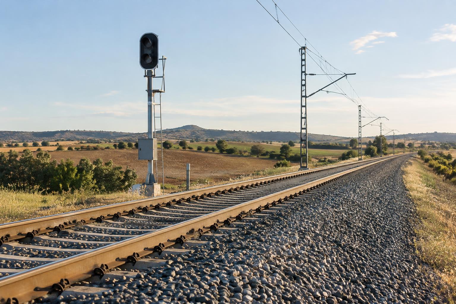 Vista realista de unas vías ferroviarias en un paisaje rural de la provincia de Toledo, con balasto, señalización y campos al fondo, sin personas ni restos de un accidente.