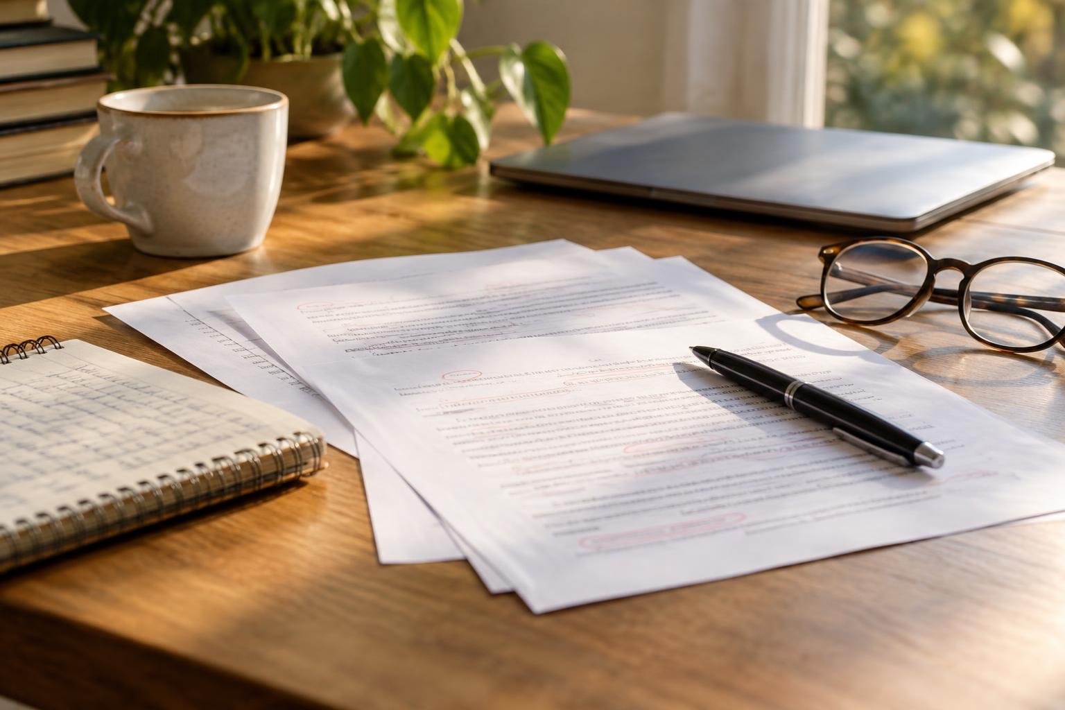 Mesa de trabajo doméstica con un cuaderno de notas, hojas de discursos con correcciones y un bolígrafo junto a unas gafas, luz natural de tarde, sin personas ni logotipos.