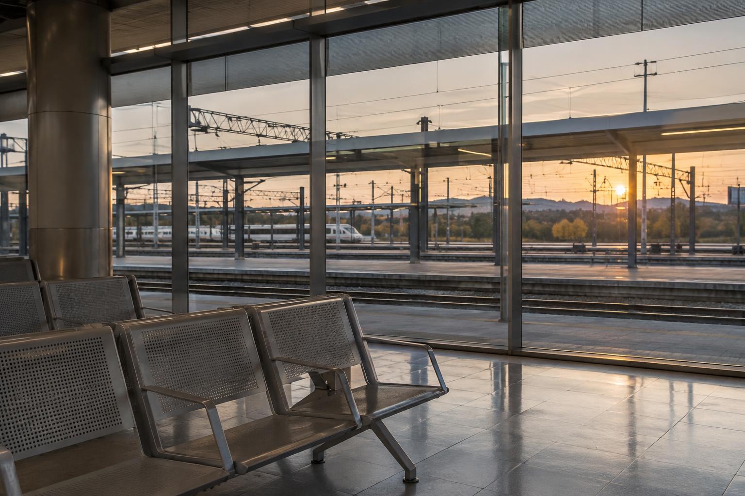 Interior realista de una estación ferroviaria española, con vías visibles a través de una cristalera y bancos vacíos en primer plano, luz sobria de última hora de la tarde, sin personas reconocibles.