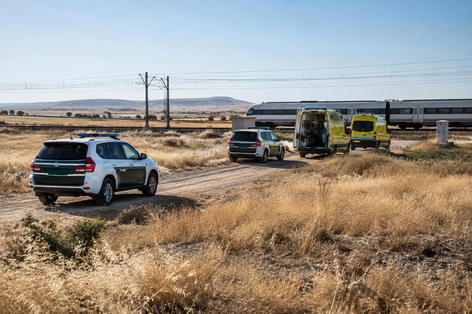 Una llanura manchega junto a una vía ferroviaria, con vehículos de la Guardia Civil y ambulancias en un camino de acceso, bajo luz diurna; sin víctimas visibles ni personas reconocibles.
