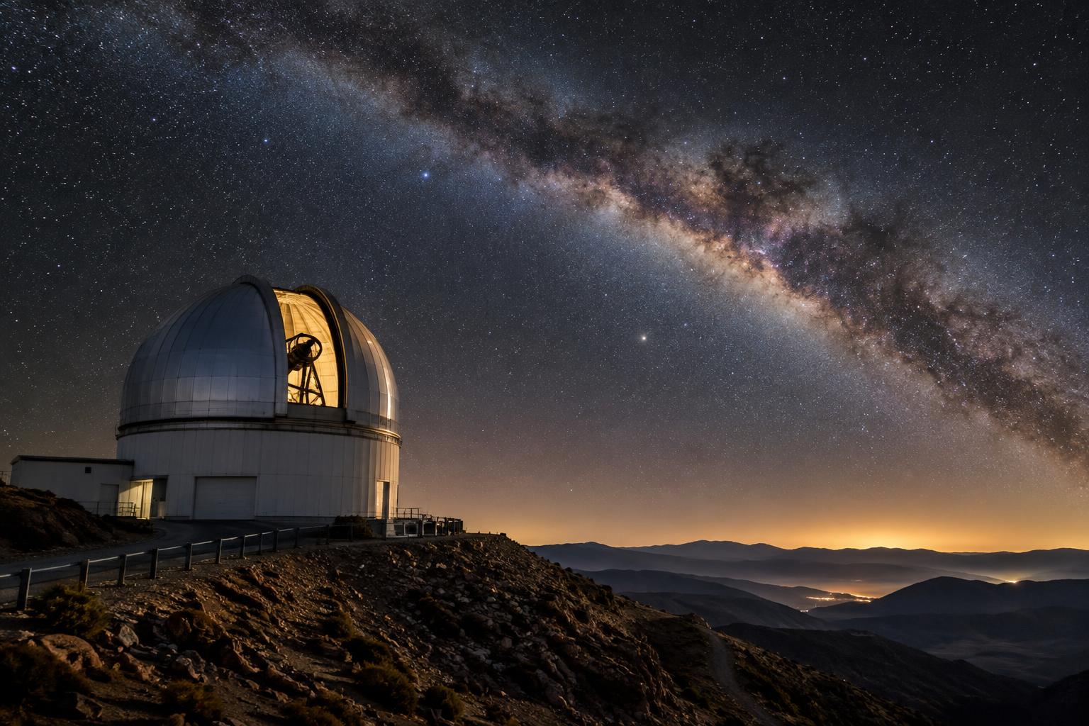 Vista nocturna realista de un observatorio astronómico en las montañas de Coquimbo, Chile, con su cúpula bajo un cielo oscuro atravesado por la Vía Láctea, sin personas ni planetas artificialmente ampliados.