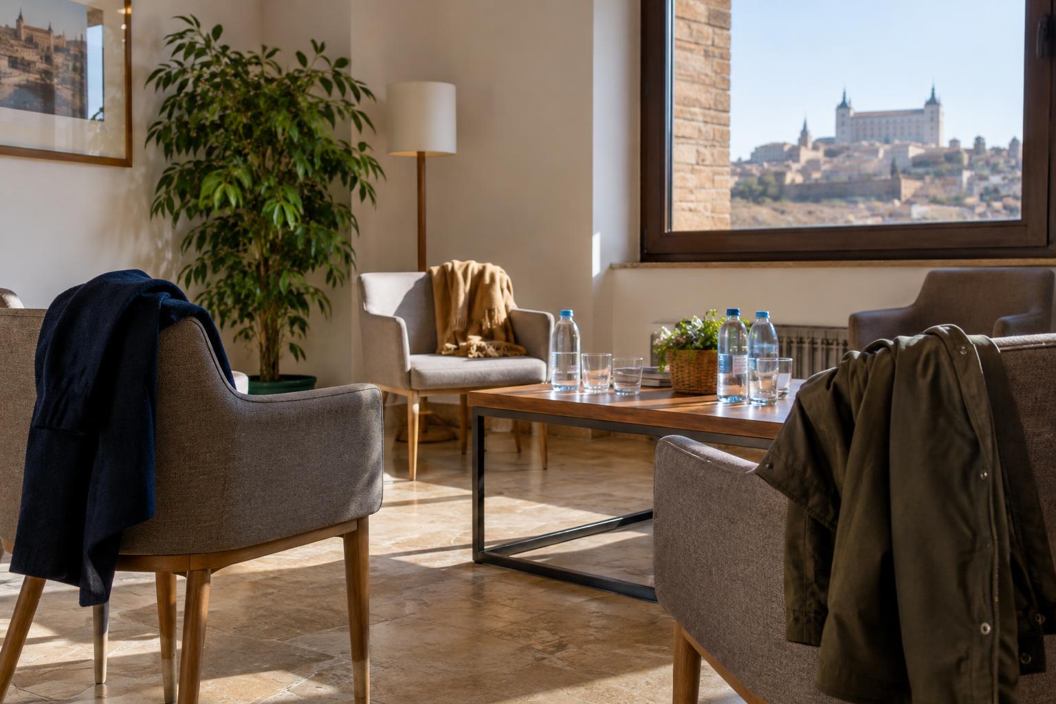 Interior de una sala de espera sobria en un alojamiento de Toledo, con varias sillas, una mesa con botellas de agua y abrigos sobre los respaldos, luz natural y sin personas reconocibles.
